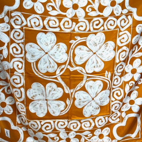 Yves Saint Laurent YSL 100% Silk Satin Scarf 34" White Shamrock Pumkin Color (60 - Picture 13 of 13